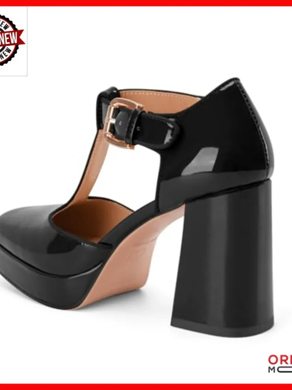 Patent Leather Platform Pumps with T-Strap Ankle Buckle Block Heel